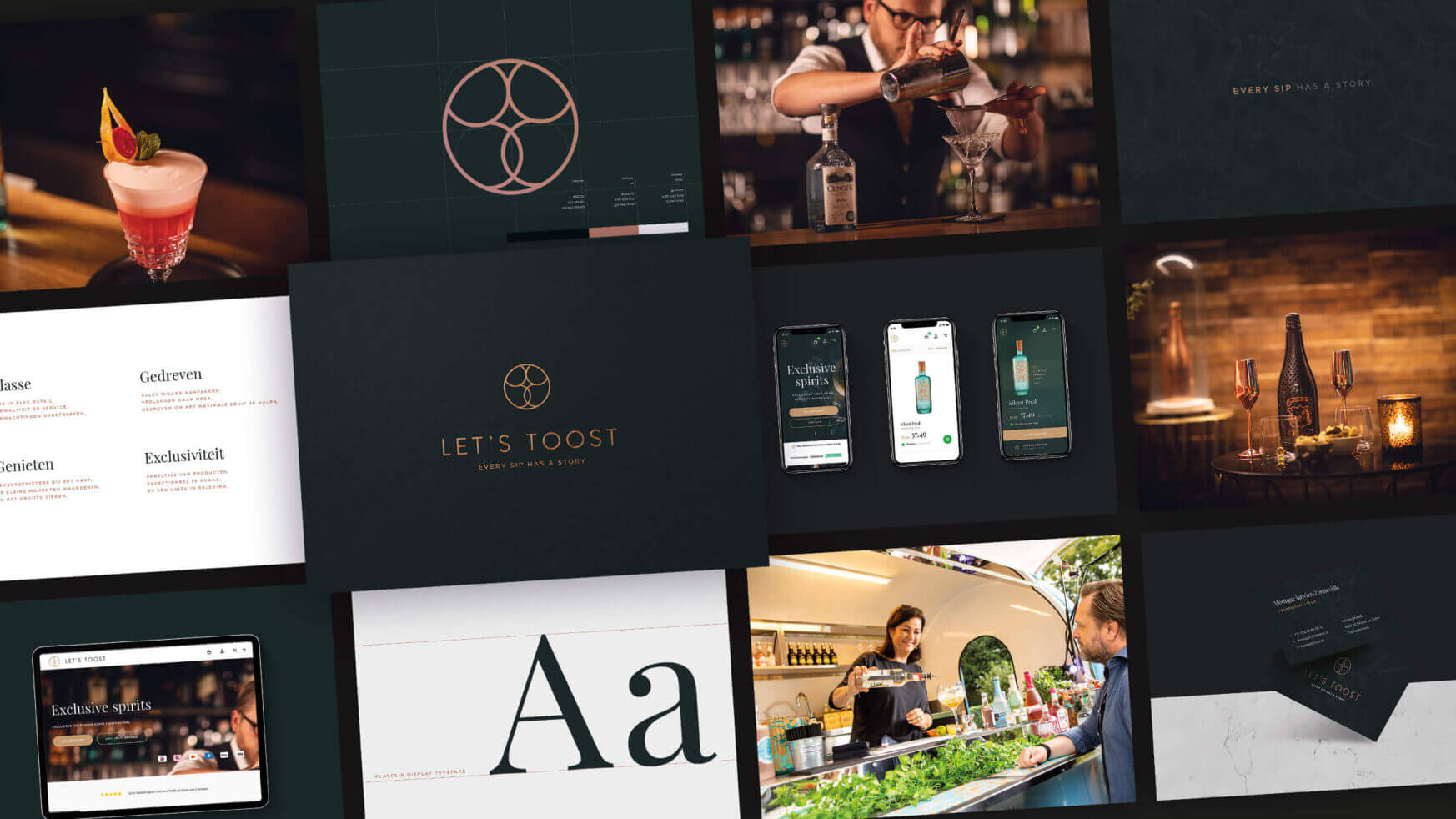 Let's Toost: een levendige mix van barscènes, menukunst, webdesign en afbeeldingen van drankjes.