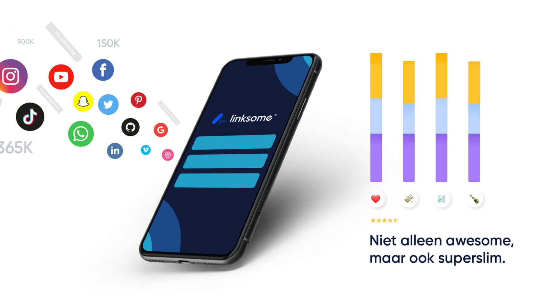 Smartphone met de Linksome-app met sociale pictogrammen en strakke staafdiagrammen; Nederlandse tekst eronder.