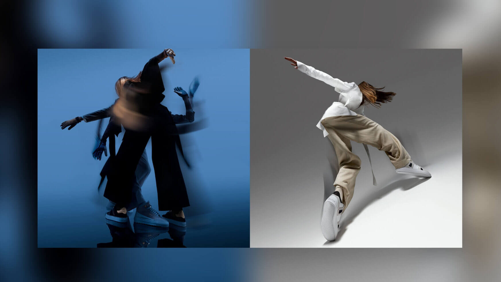 Twee dansers: de een beweegt vloeiend, de ander springt met gestrekte benen, beiden op de grond genageld door stijlvolle Mason Garments.