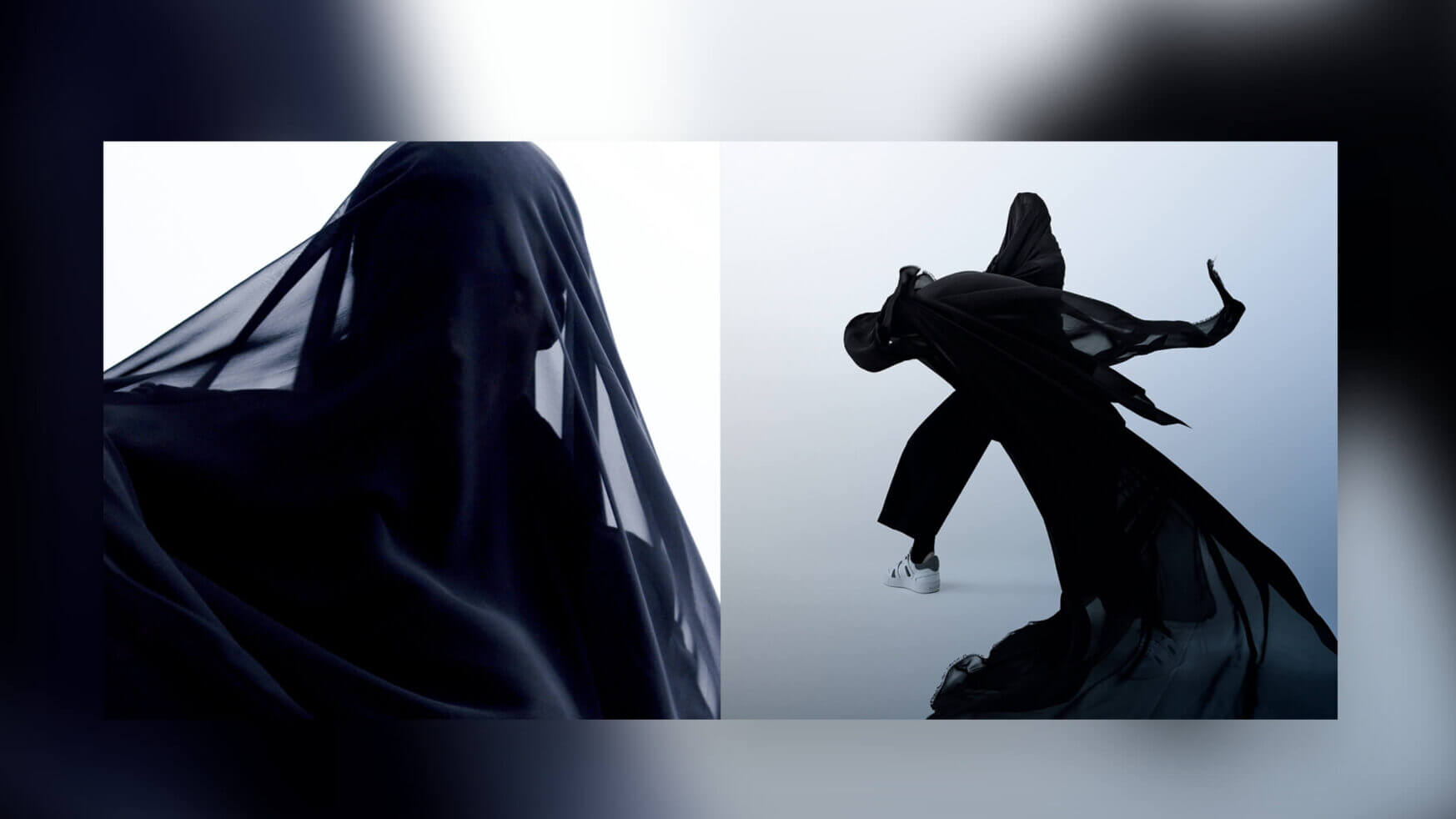 Twee figuren in vloeiende, zwarte stof belichamen de elegantie van Mason Garments tegen een minimalistische achtergrond; de een gesluierd, de ander dynamisch.