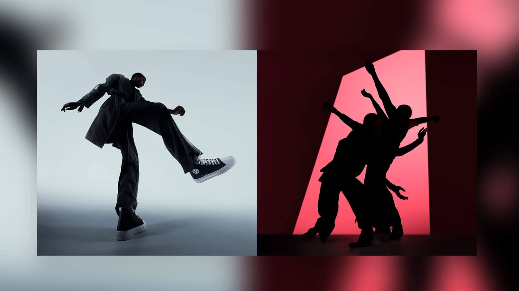 Dansers schitteren tegen een rode achtergrond: de een beweegt, de ander vormt een silhouet, als kunst in beweging, elegant als Mason Garments.