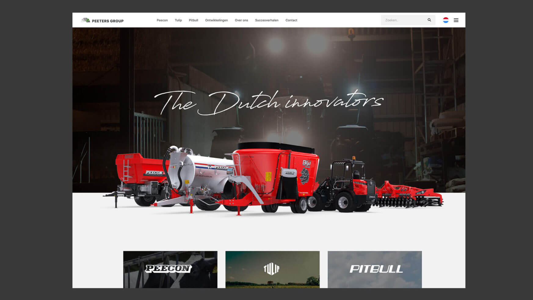 Op de homepage staat geavanceerde landbouwapparatuur met de opvallende kop 'De Nederlandse Innovators', waarmee de expertise van Peeters Group wordt benadrukt.