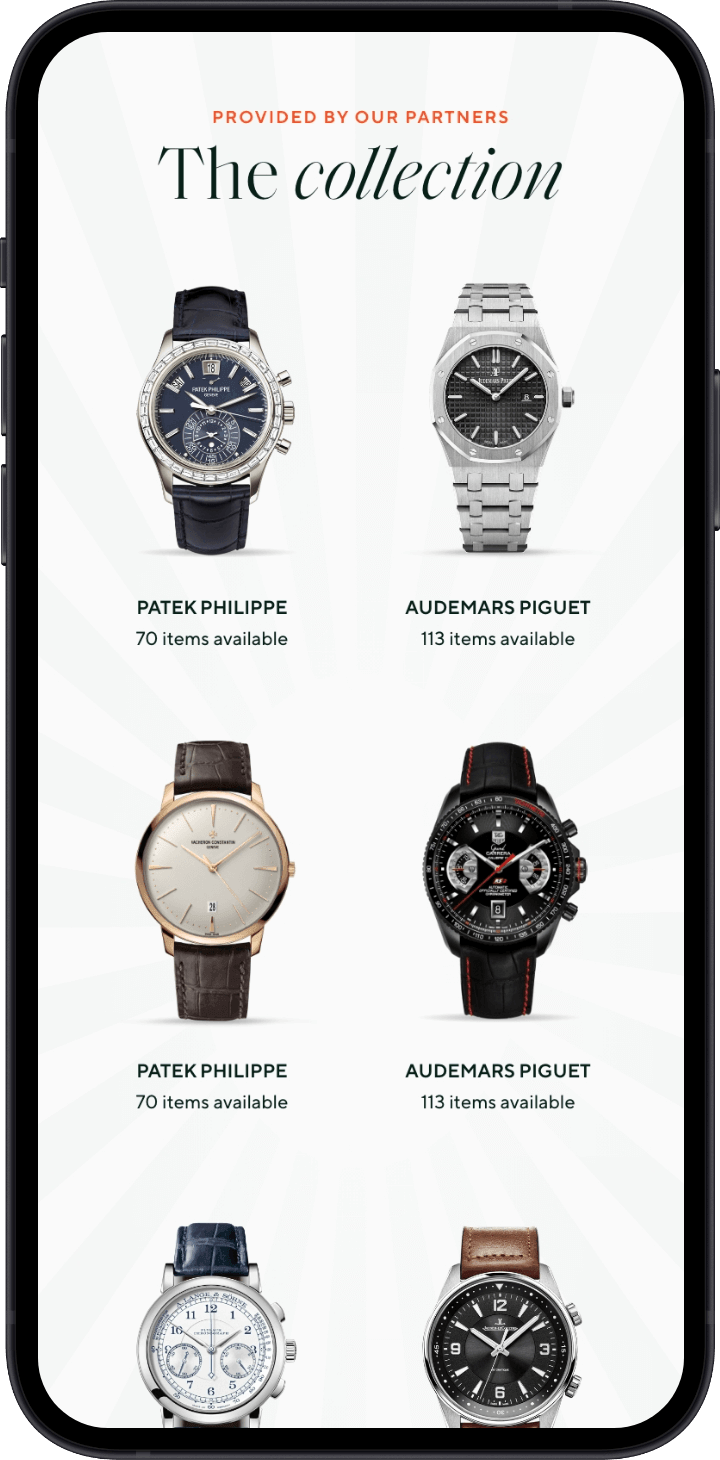 Smartphone toont beschikbare luxe horloges van Patek Philippe en Audemars Piguet.