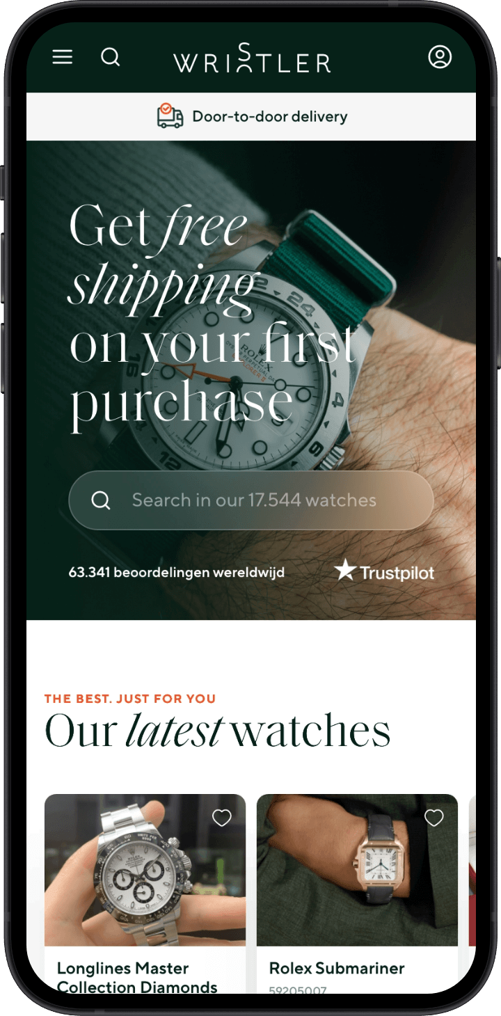 Smartphone met een luxe horlogesite met gratis verzending.