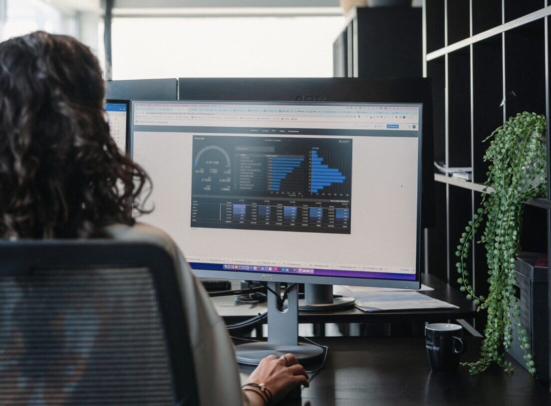 Bureauopstelling: Persoon analyseert datagrafieken op een computer, plant siert de plank.