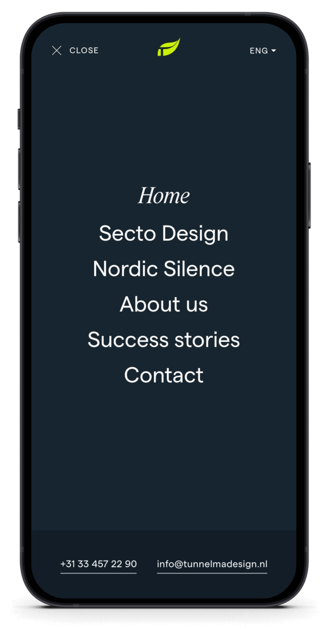 Mobiel menu: Home, TunnelmaDesign, Nordic Silence, Over ons, Succesverhalen, Contact.