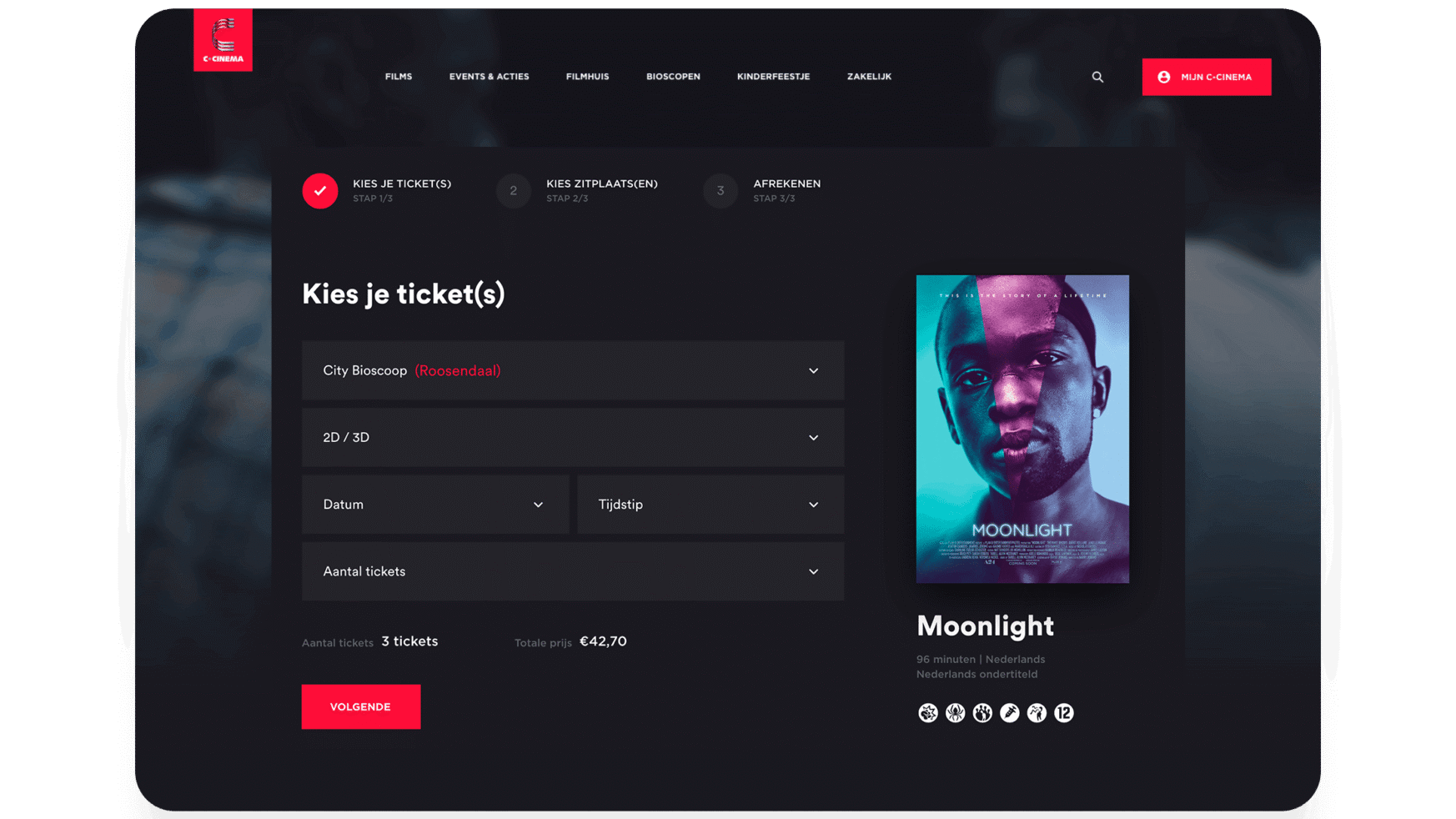 Moonlight Movie Tickets: Kies stoelen, bekijk poster, totaalprijs wordt weergegeven.