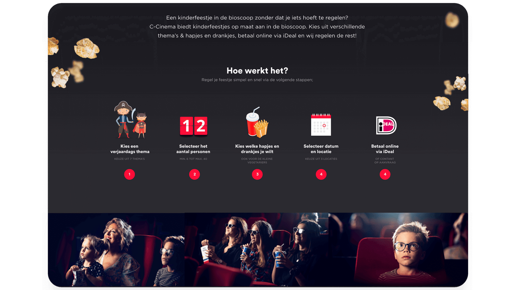 Tekenfilmfiguren van kinderen en feestvierende figuren op het scherm; publiek zit in een theater.