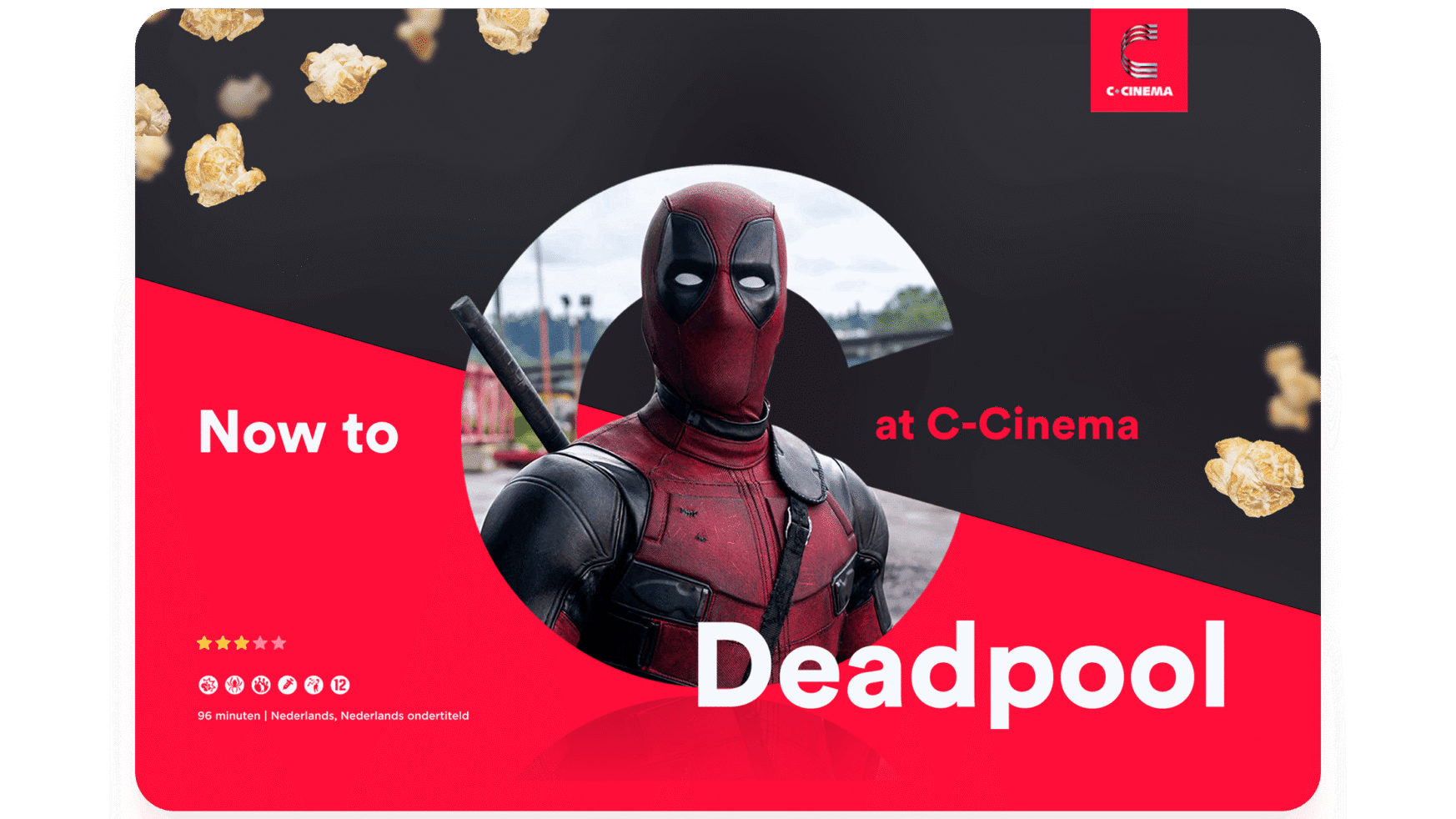 Bekijk Deadpool bij C-Cinema! 💥 Popcorn bij elke stoel. 🎬 Mis het niet! 🍿 #Ccinema #Deadpool.