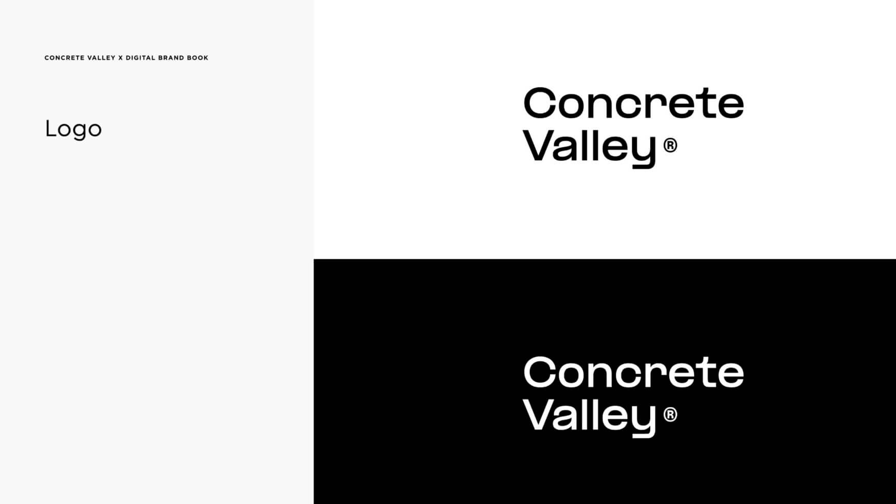 Concrete Valley®-logo's: zwart-op-wit en wit-op-zwart versies beschikbaar.