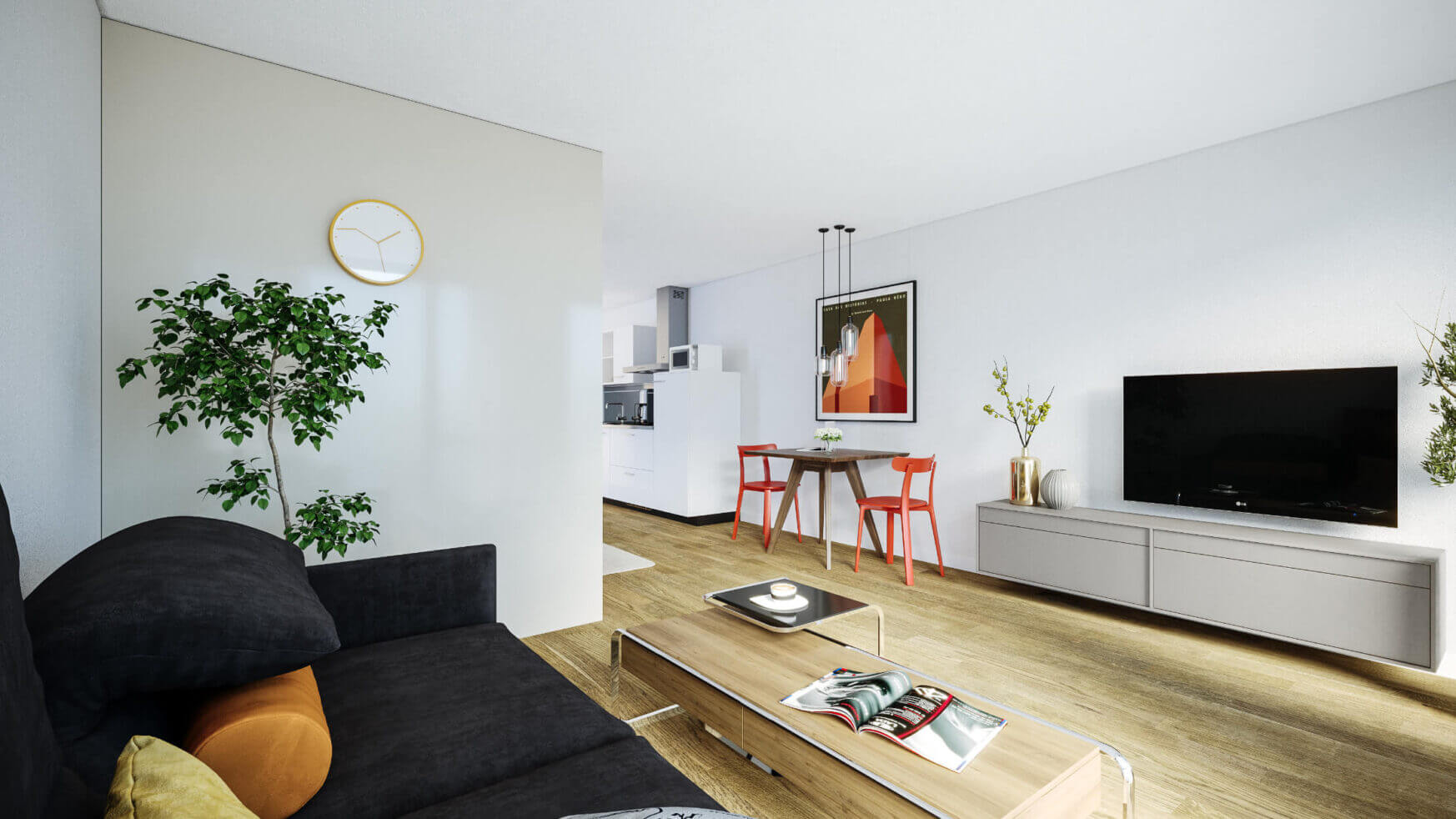 Stijlvolle woonkamer: zwarte bank, tv, eettafel, planten, lichte muren en houten vloer.