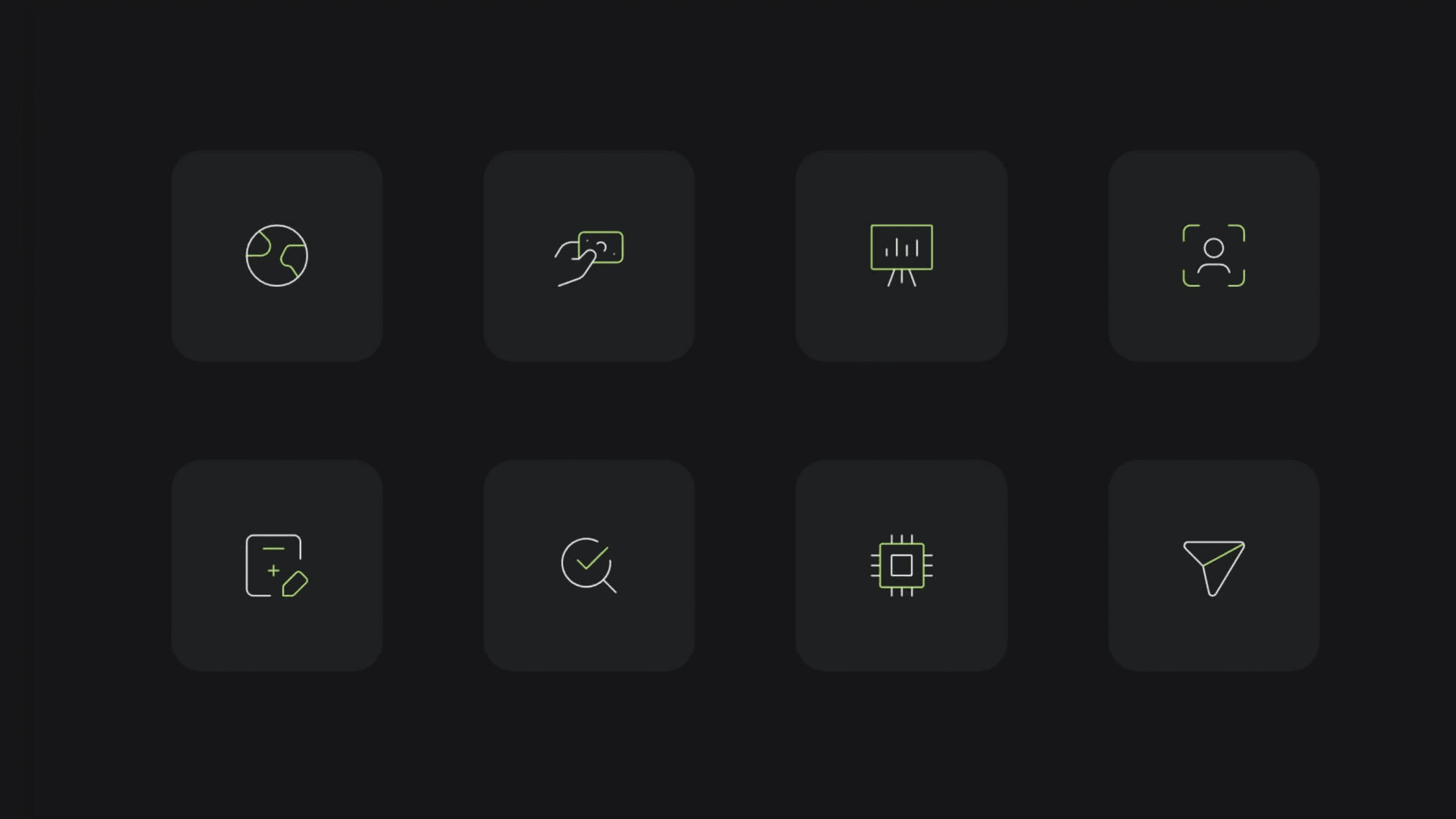 Acht strakke groene iconen op donker: cirkeldiagram, kaart, presentatie en meer.
