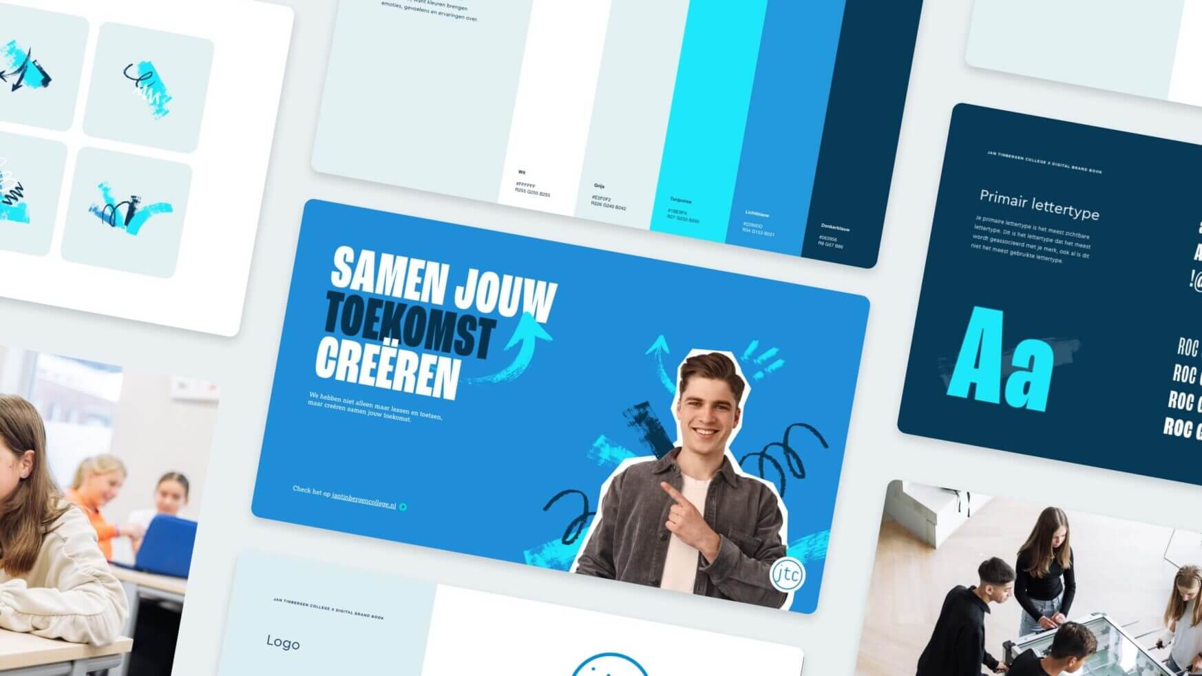 Brandingcollage: ontwerpen, kleuren, typografie + een lachende duim omhoog op een blauwe achtergrond.