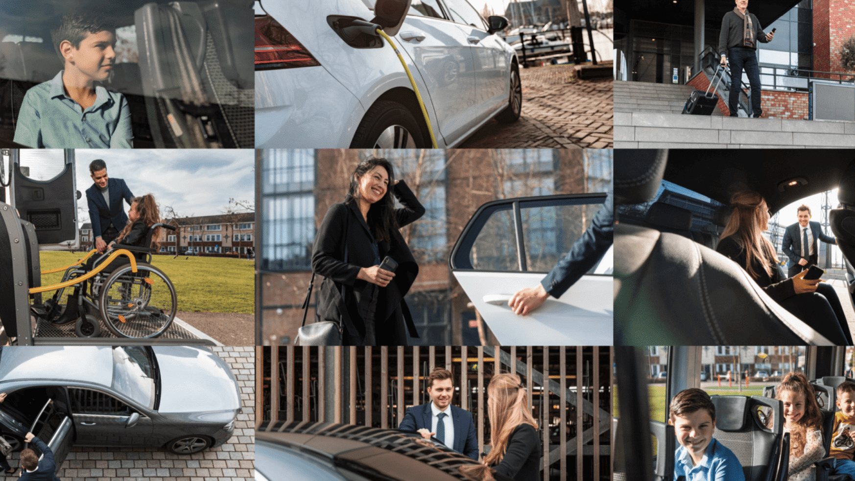 Mensen die auto's gebruiken: in- en uitstappen, opladen, een taxi nemen op verschillende plekken in de buitenlucht.