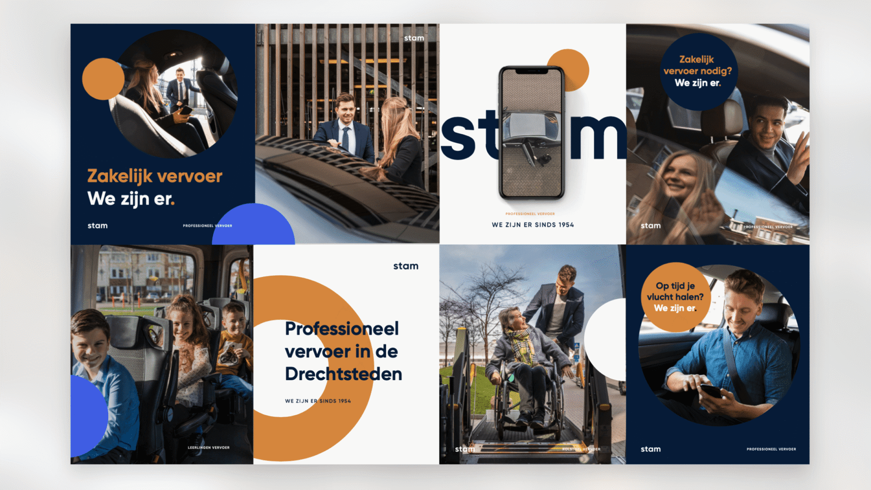 Taxi Stam: Professionele vervoersdiensten met afbeeldingen van passagiers en ondersteuning bij toegankelijkheid.
