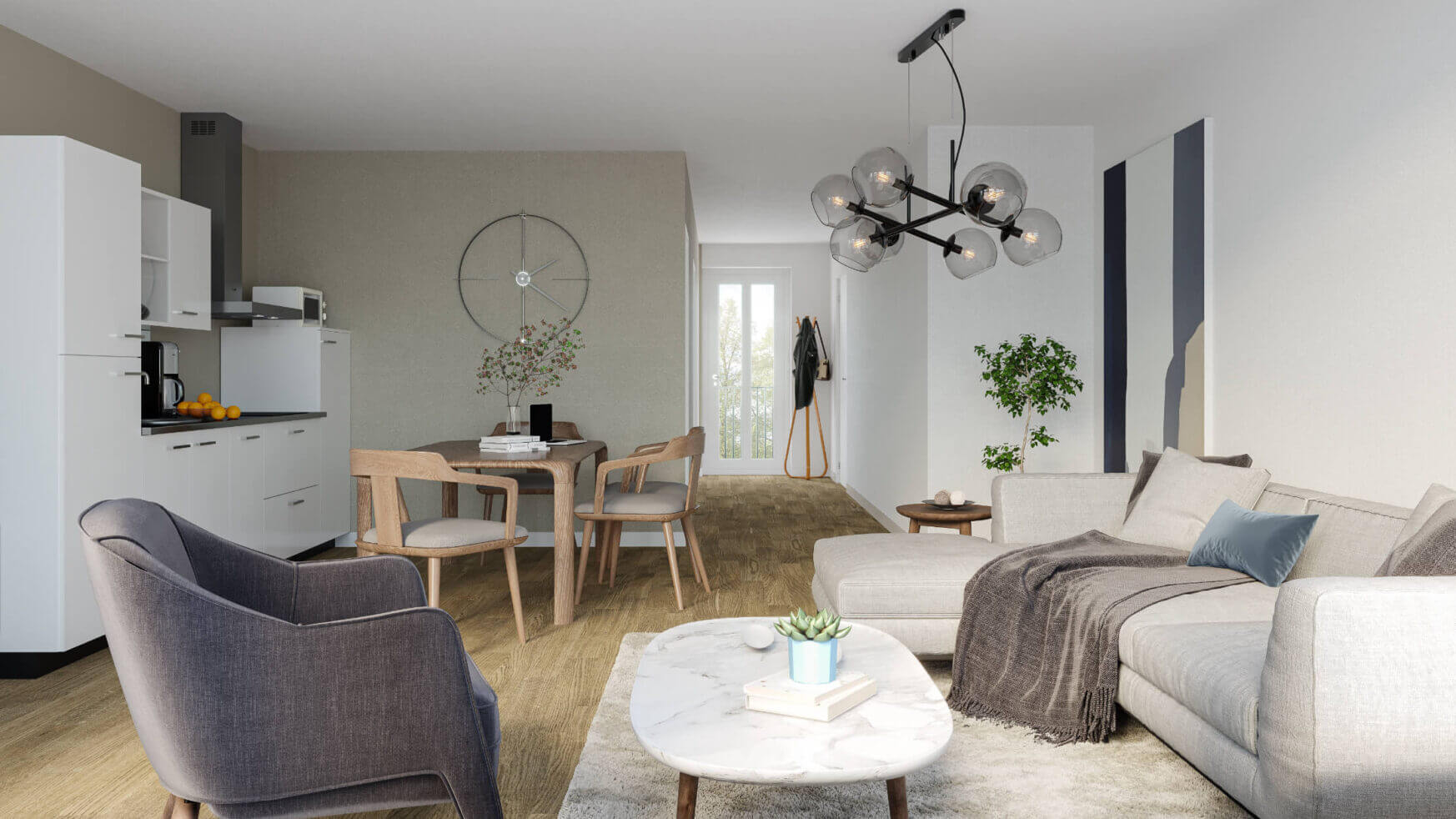 Woonkamer met open indeling: grijze bank, marmeren salontafel, chique kroonluchter.