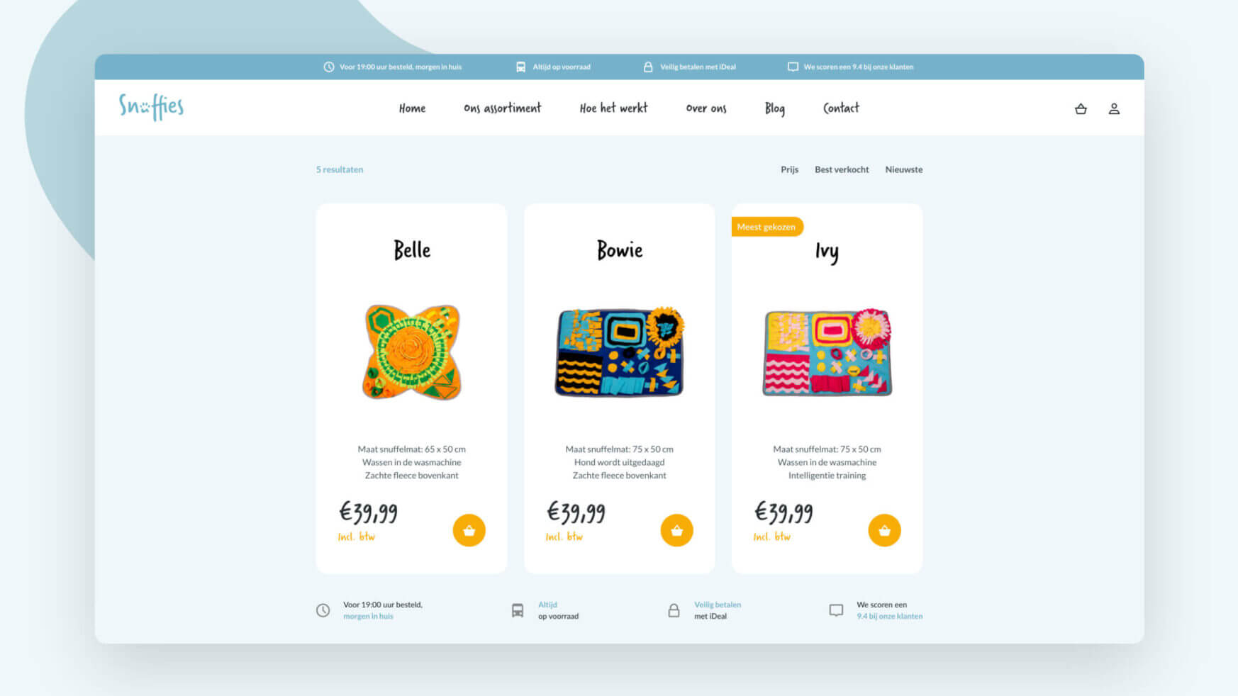 The Snuffies: Belle, Bowie & Ivy knuffels. Fel & kleurrijk, €39,99 per stuk.