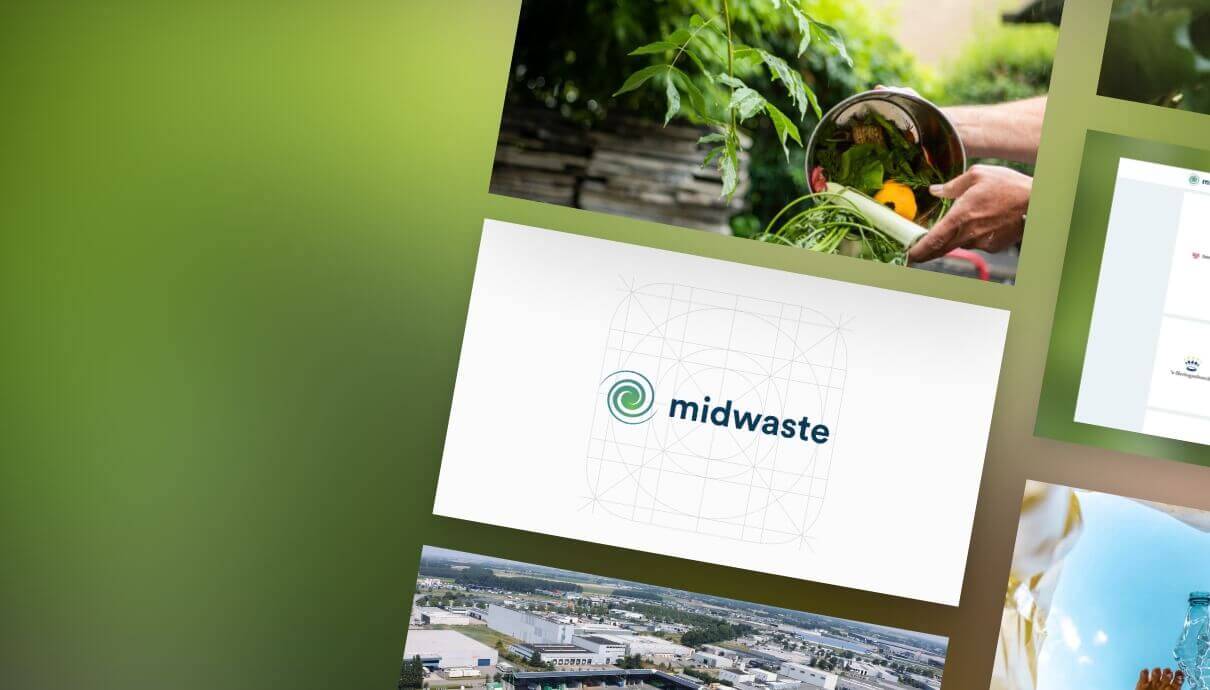 Collage: logo van Midwaste, persoon met groenten, luchtfoto van de faciliteit.