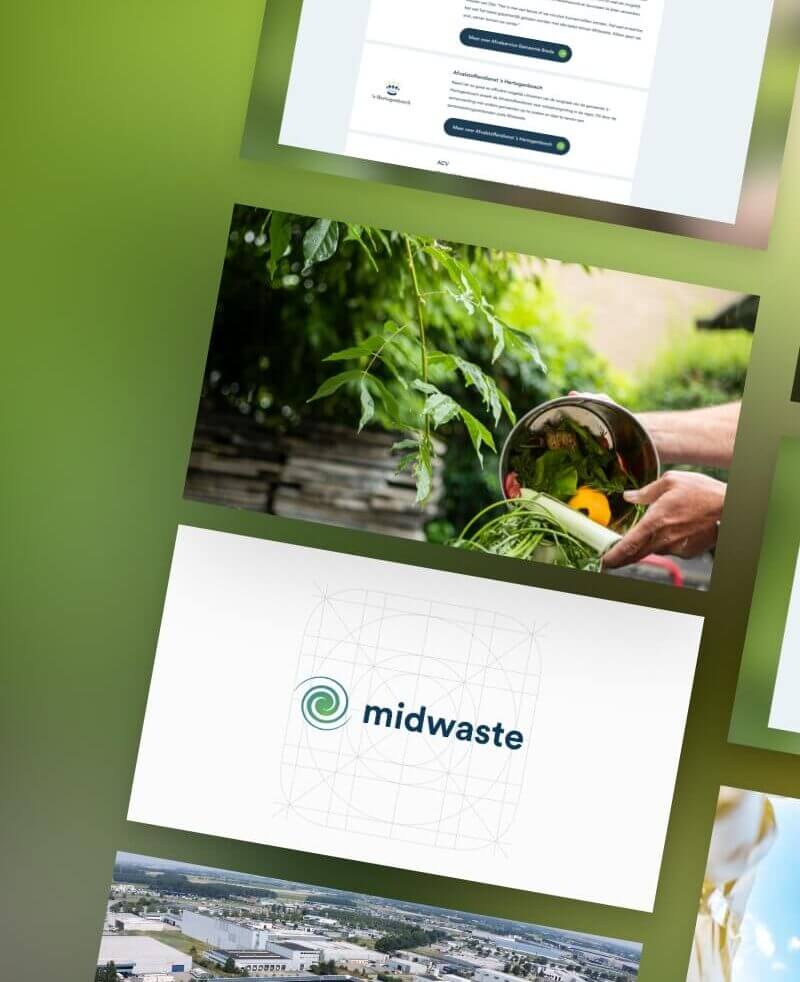 Duurzaamheidscollage: Weelderige tuin, logo van Midwaste, luchtfoto van afvalverwerkingsbedrijf.