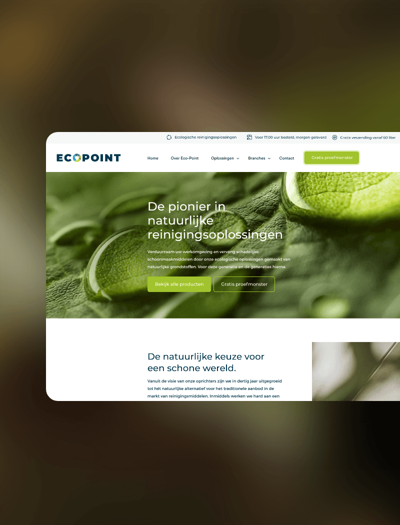 Milieuvriendelijk webdesign met groene tinten en close-ups van plantenbladeren.