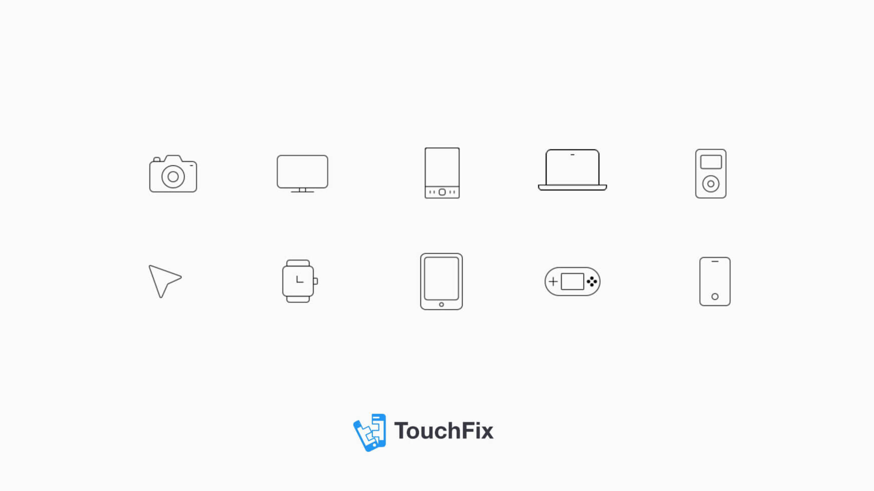 Het TouchFix-logo wordt omringd door iconen van een camera, desktop, tablet, laptop, muziekspeler, smartwatch en handheldconsole.