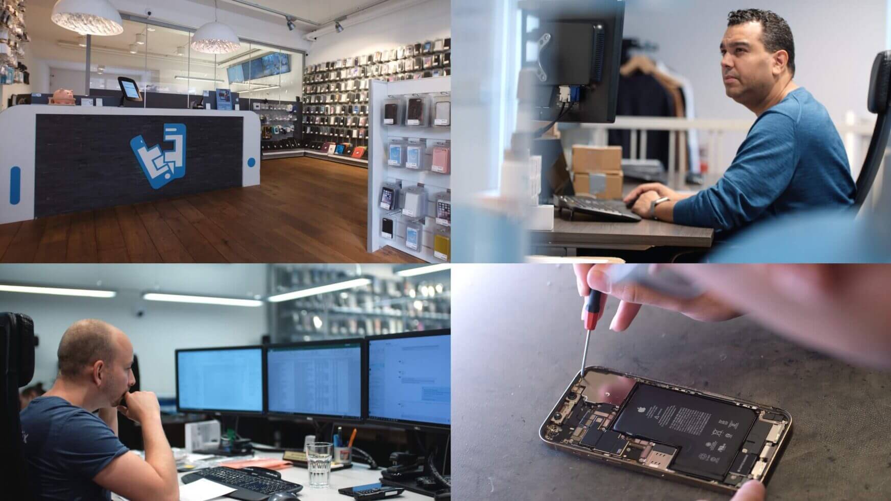 Tech-reparatievibes: twee Touchfix-professionals aan het werk, zoomen in op nauwkeurige telefoonreparateur.