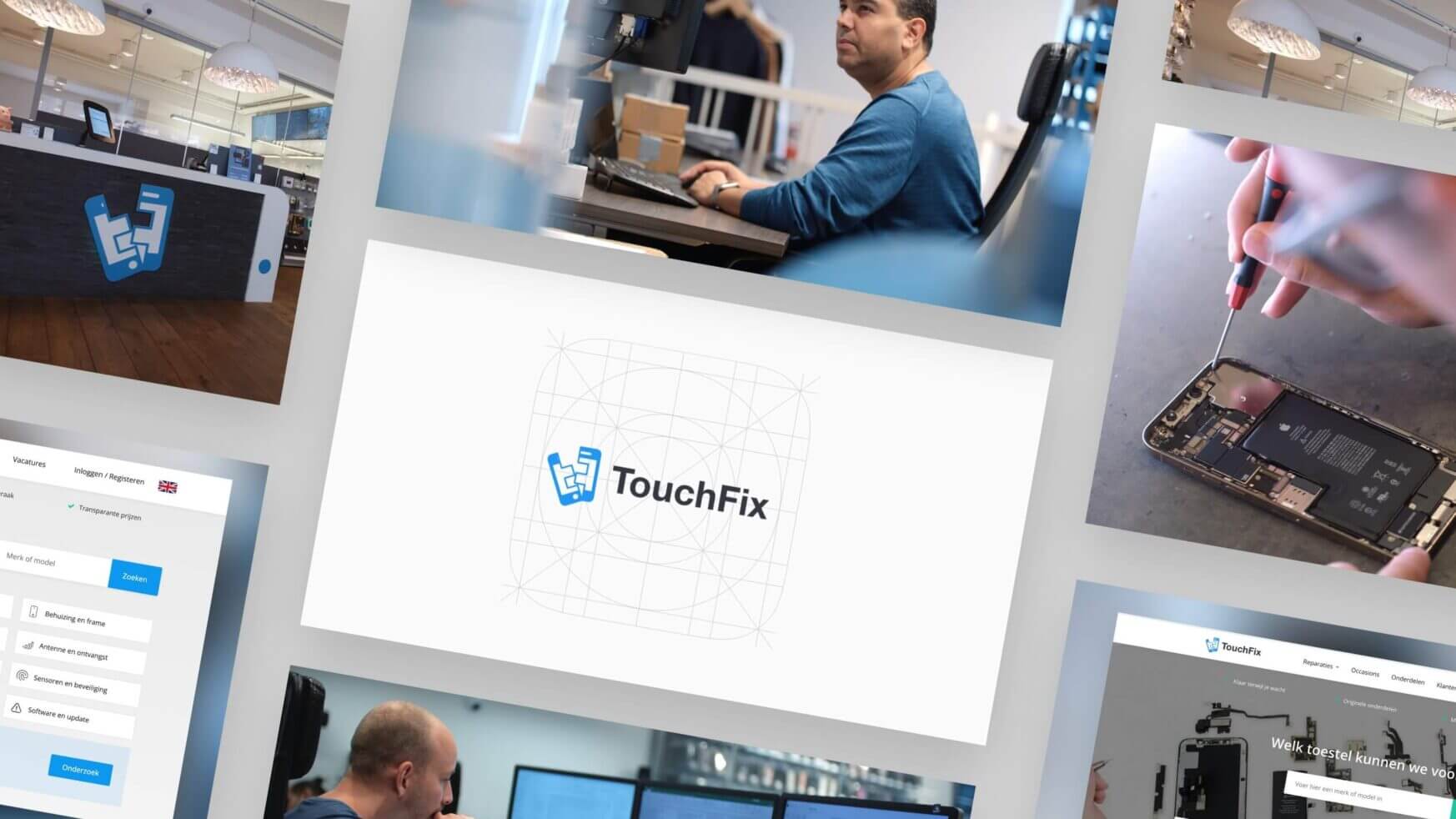 Een collage met het TouchFix-logo, actiefoto's van reparaties en een technicus die apparaten vakkundig repareert.