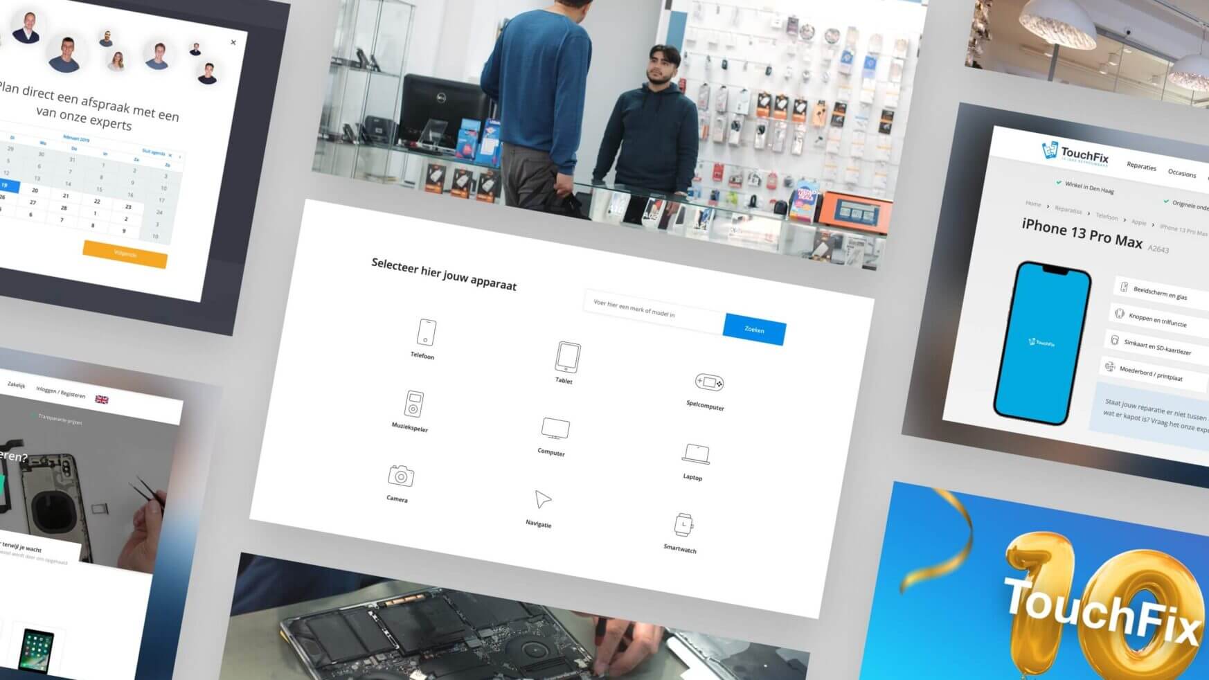 Een collage van de website van Touchfix met een levendige winkel van twee mensen die met elkaar aan het kletsen zijn, omringd door gadgets.