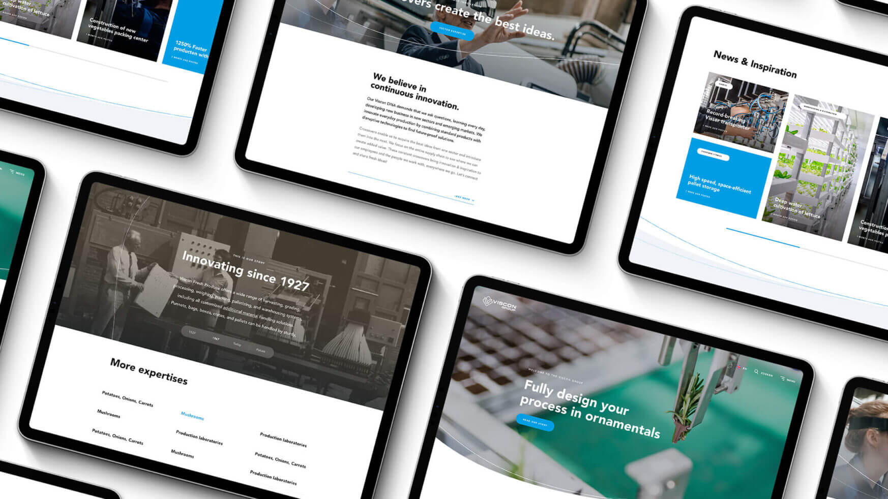 Tabletten van Viscon Group tonen webpagina's met een mix van tekst en afbeeldingen in een dynamische lay-out.