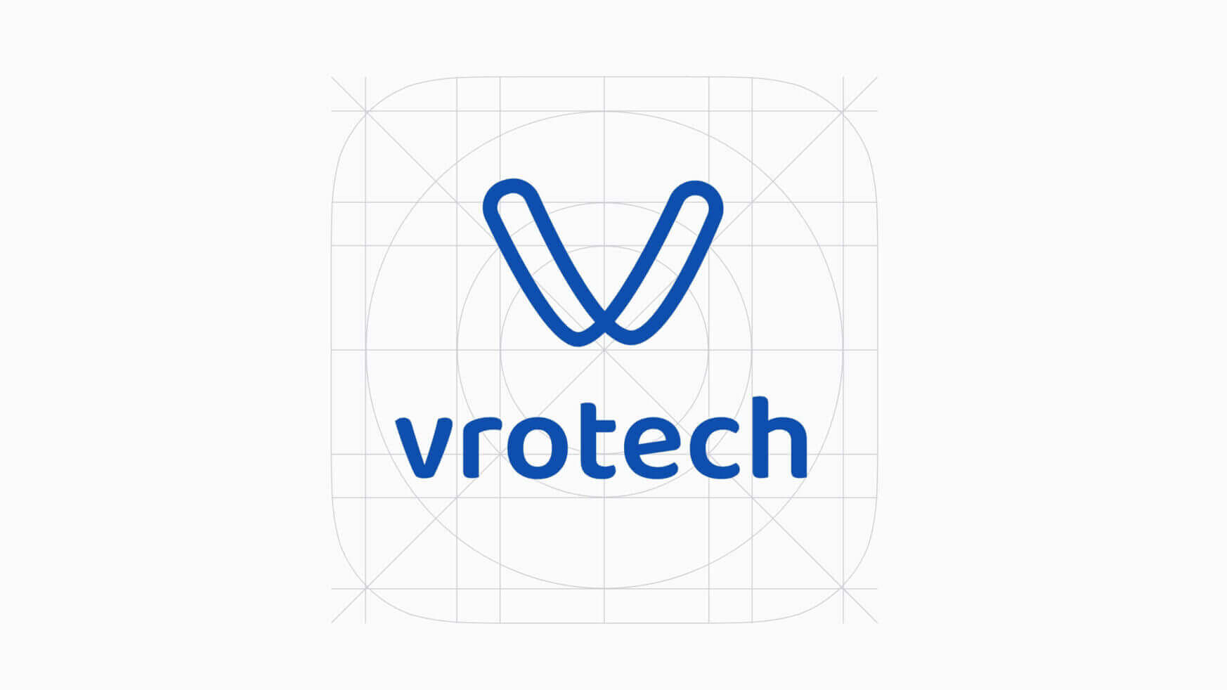 Een strak blauw V-logo met "Vrotech" op een witte achtergrond met rasterlijnen.