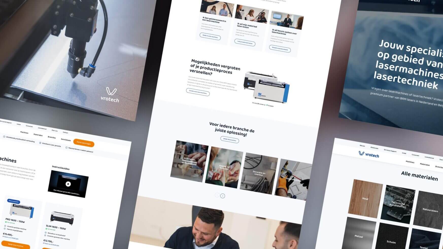 Vrotech laser tech collage: webpagina's met productfoto's, tekst en voordelen in een strakke setting.