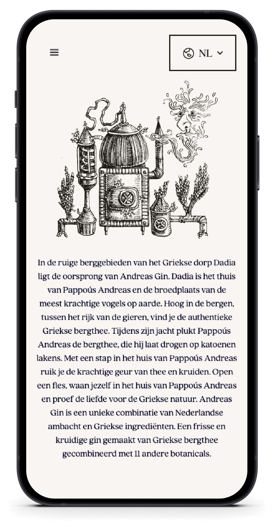 Stokerijtafereel met vogels en natuur, plus Nederlandse tekst over de oorsprong van Andreas Gin.