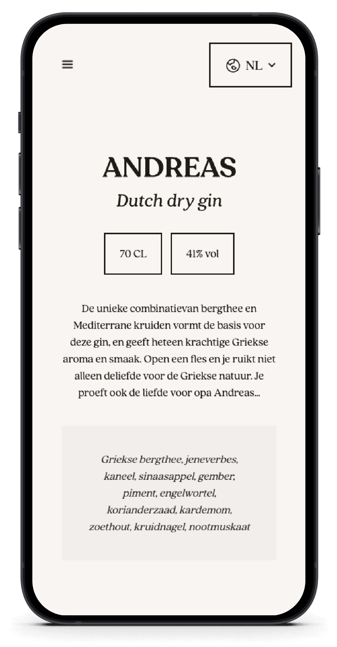 Smartphone met de Nederlandse webpagina van ANDREAS dry gin, met details in het Nederlands.