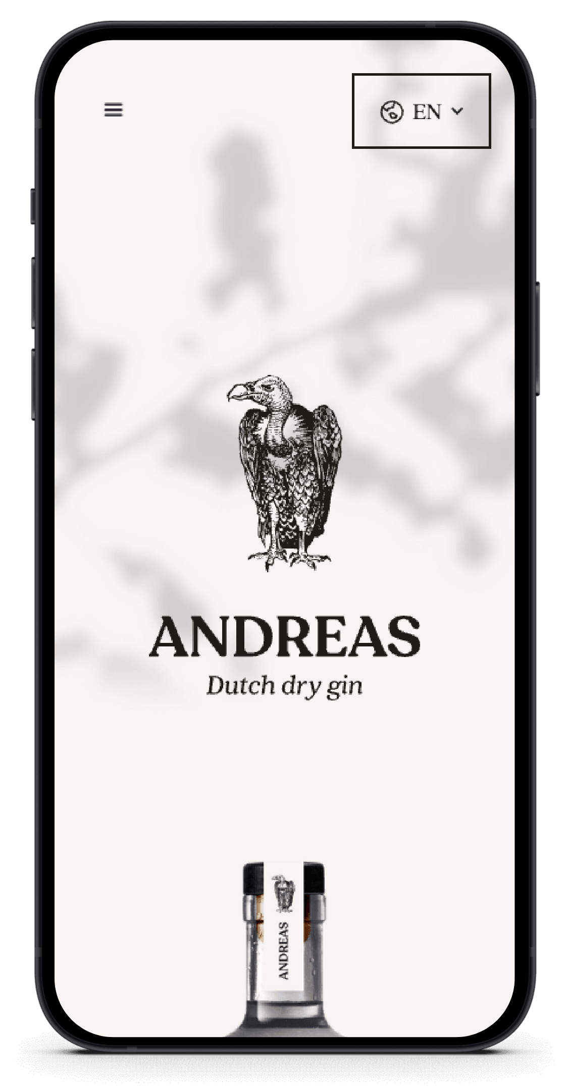 Op de smartphone is Andreas Dutch Dry Gin te zien met een illustratie van een gier.
