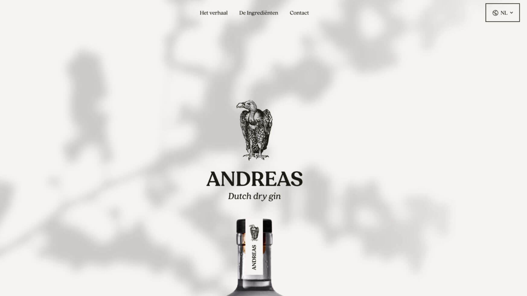 Andreas Dutch Dry Gin: Vulture-logo, kaart op de achtergrond.
