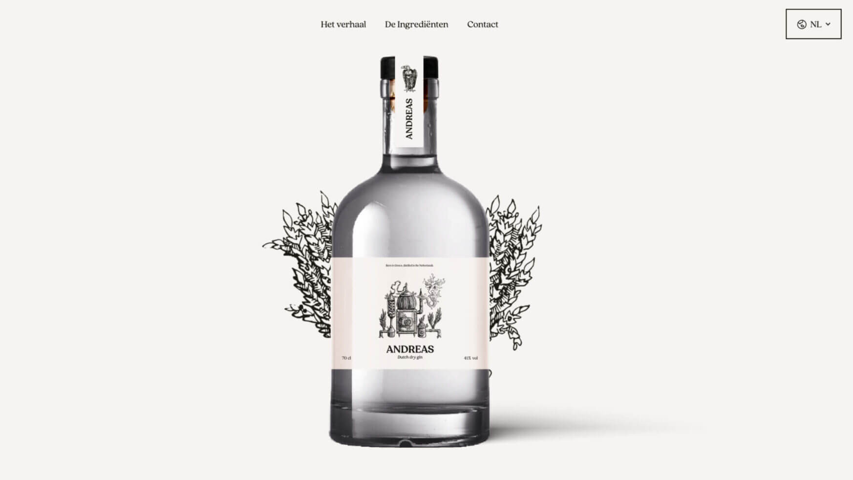 ANDREAS ginfles tegen een neutrale achtergrond, versierd met geïllustreerde bloemmotieven.