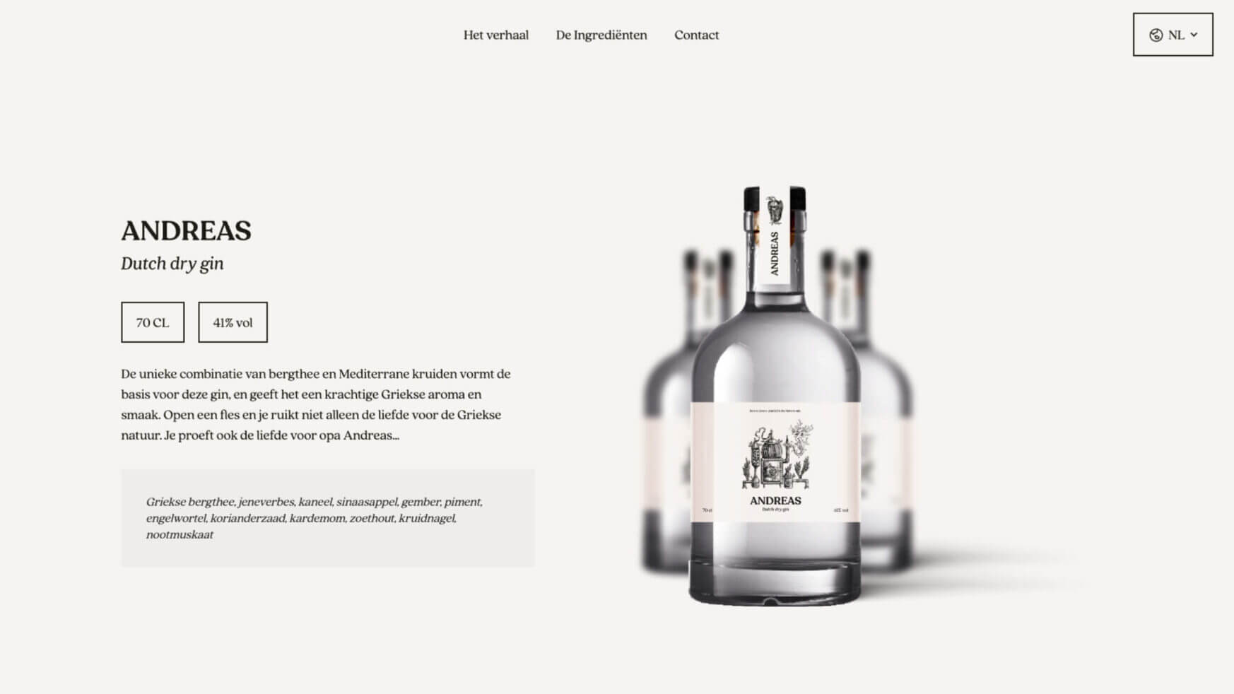 Drie flessen Andreas Dutch dry gin op een witte achtergrond met tekst.
