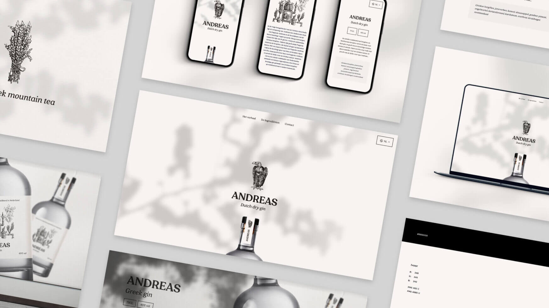 Zwart-wit websitemodellen voor ANDREAS, met botanische thema's in een stijlvolle collage.