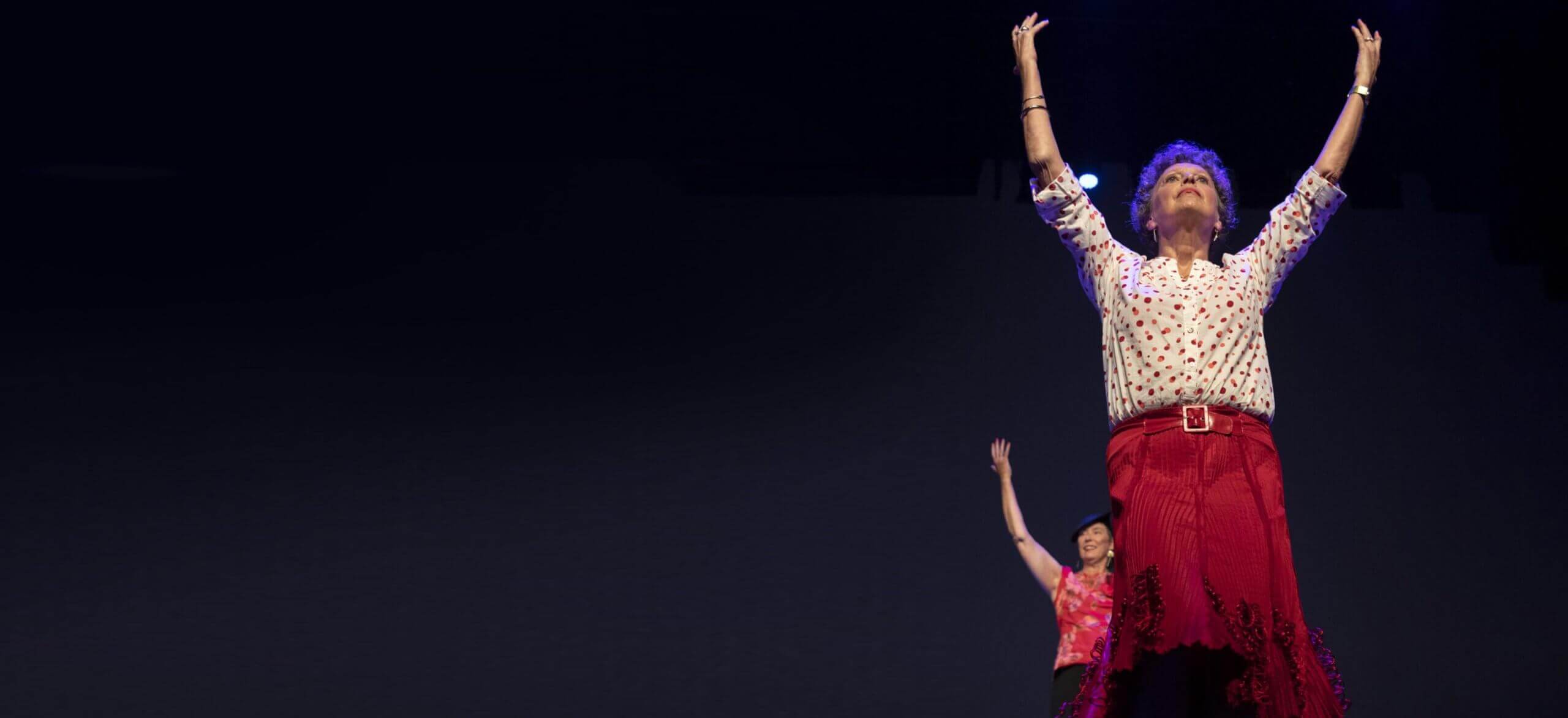 Twee dansers op het podium, de een in een rood stippenpak en de ander in een roze, tegen een donkere achtergrond, met hun armen omhoog.