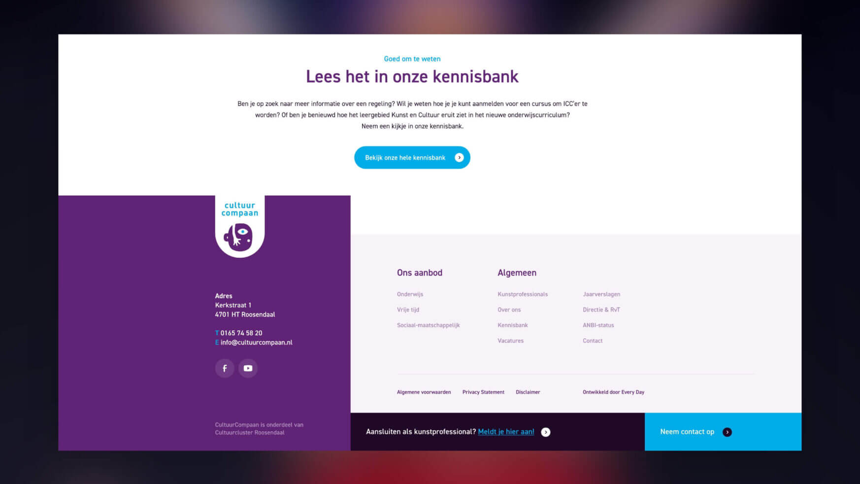 Nederlandse webpagina voor Cultuur Compaan met menu en contactgegevens.