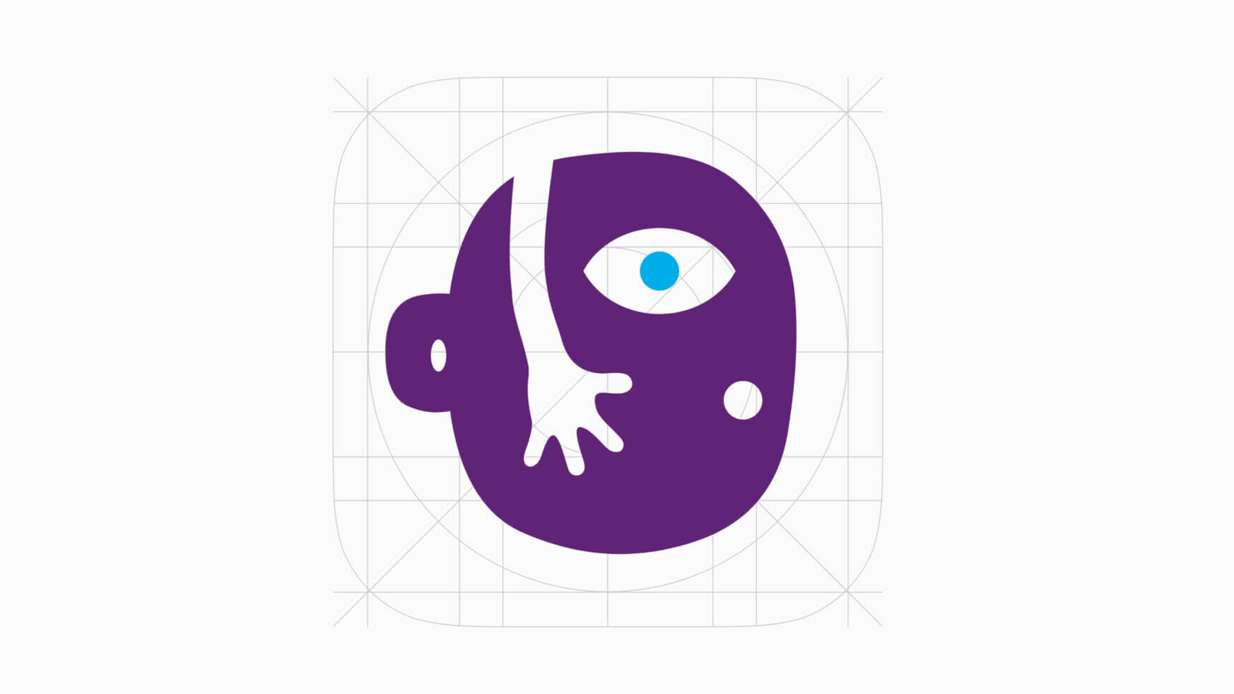 Paars abstract gezicht, blauw oog, witte hand op raster.