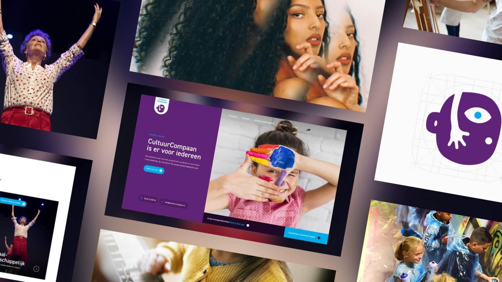 Kunstzinnige diversiteit: kinderschilderij, dansers en een logo met een paars oog.