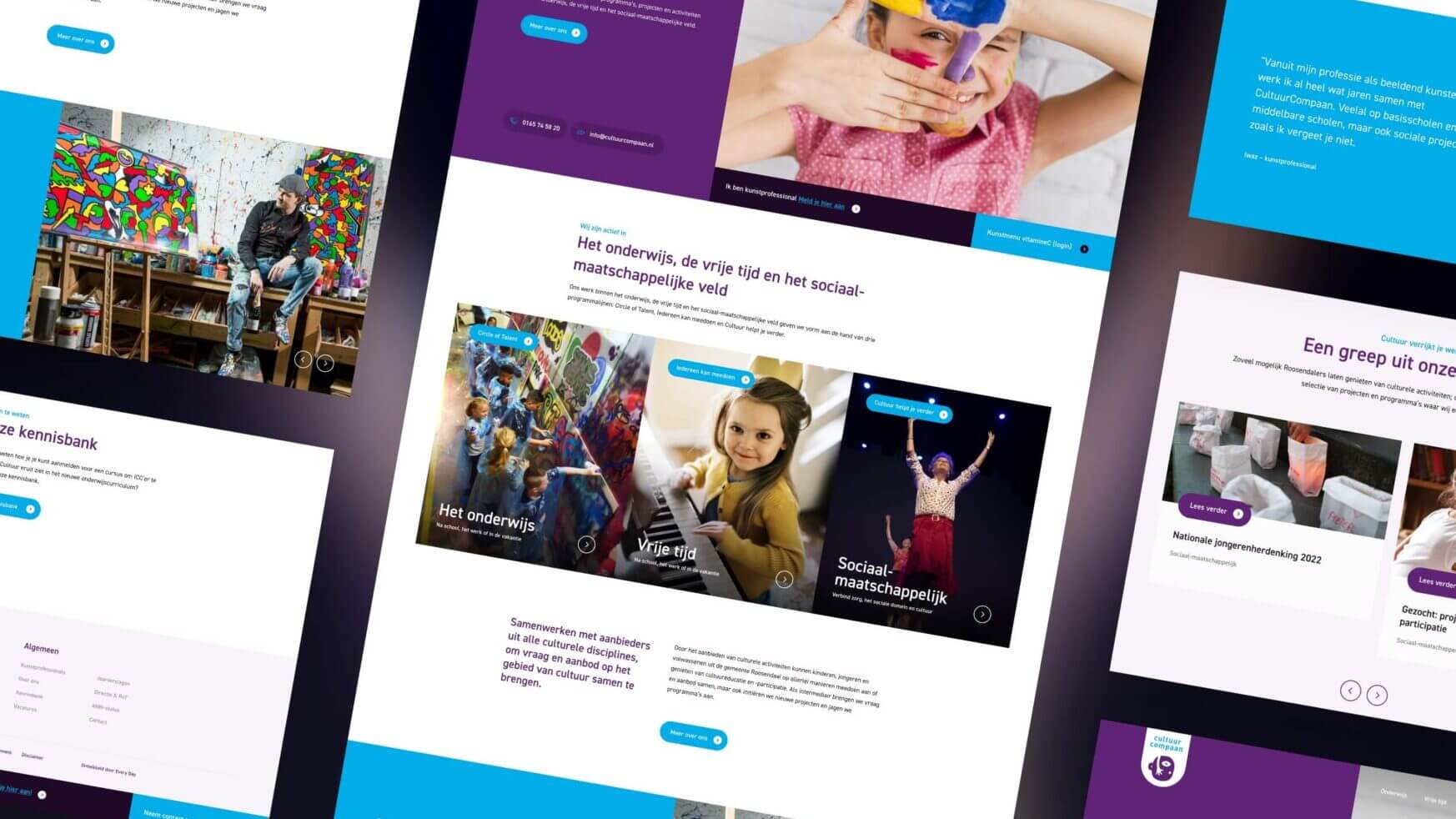 Levendige webpagina met afbeeldingen, tekstblokken en menuknoppen met informatie over kinderactiviteiten en leuke activiteiten.