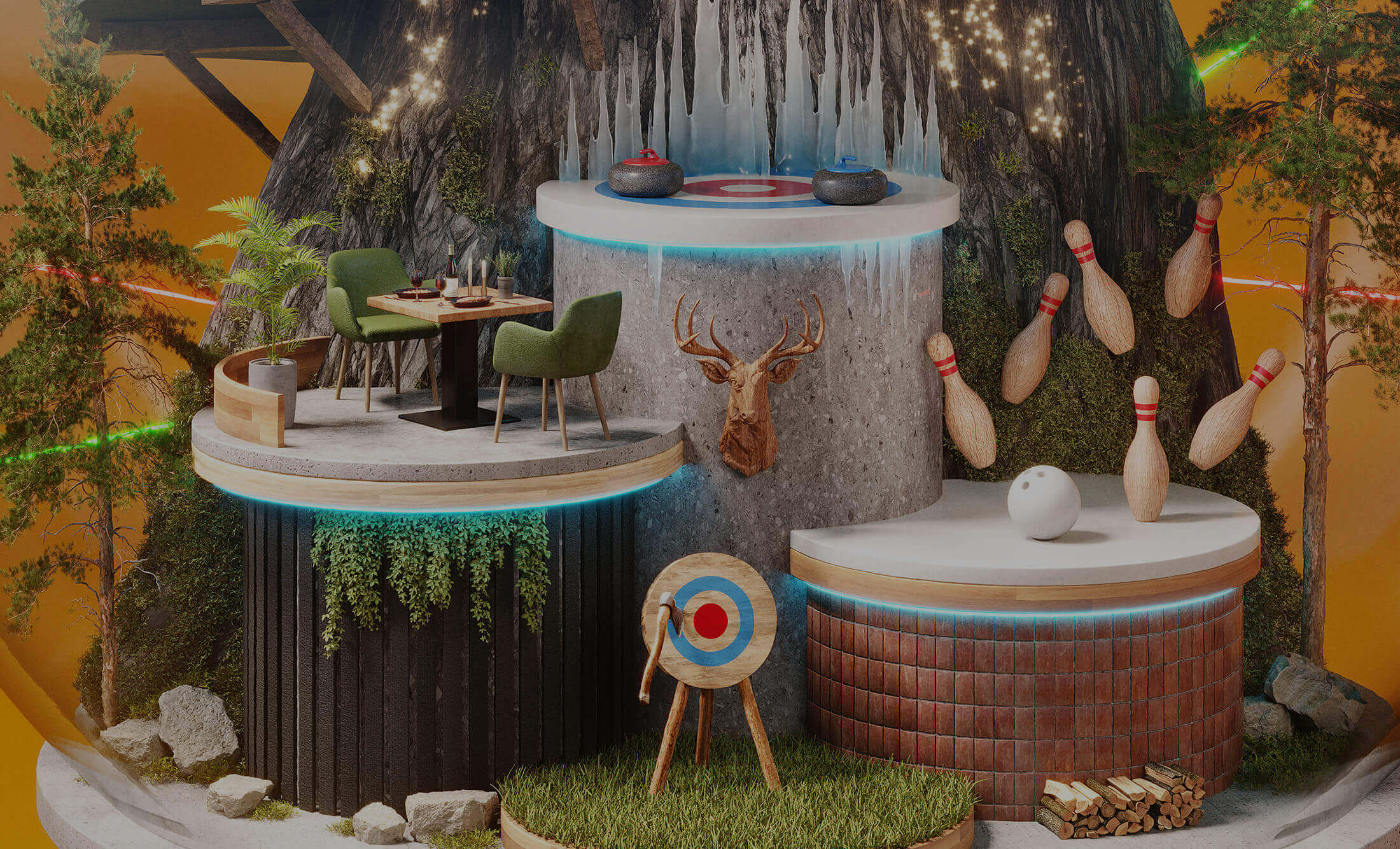 Een eigenzinnige opstelling: minigolf, curling en bowlingkegels omgeven door hertenkoppen en stoelen op ronde platforms.