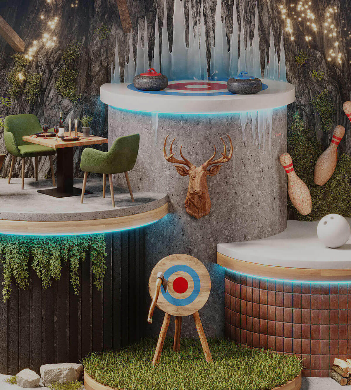 Een surrealistische mix: curlingstenen, bowlingkegels, een eethoek, een boogschietschijf bij een waterval en bomen.