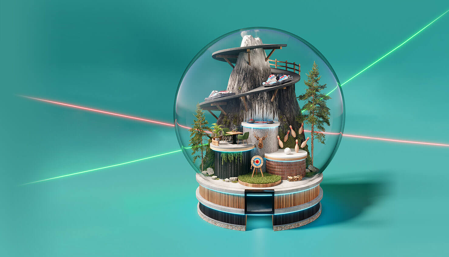 Een speelse sneeuwbol met bergen, glijbanen, bomen en een lasershow in groen en rood.