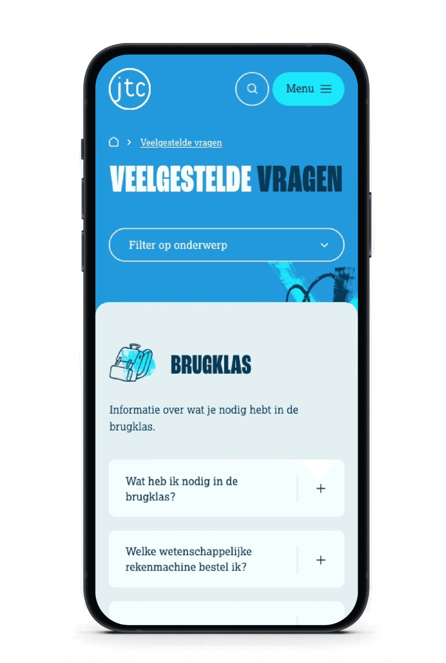 Blauwe Nederlandse FAQ-pagina op smartphone met iconen.