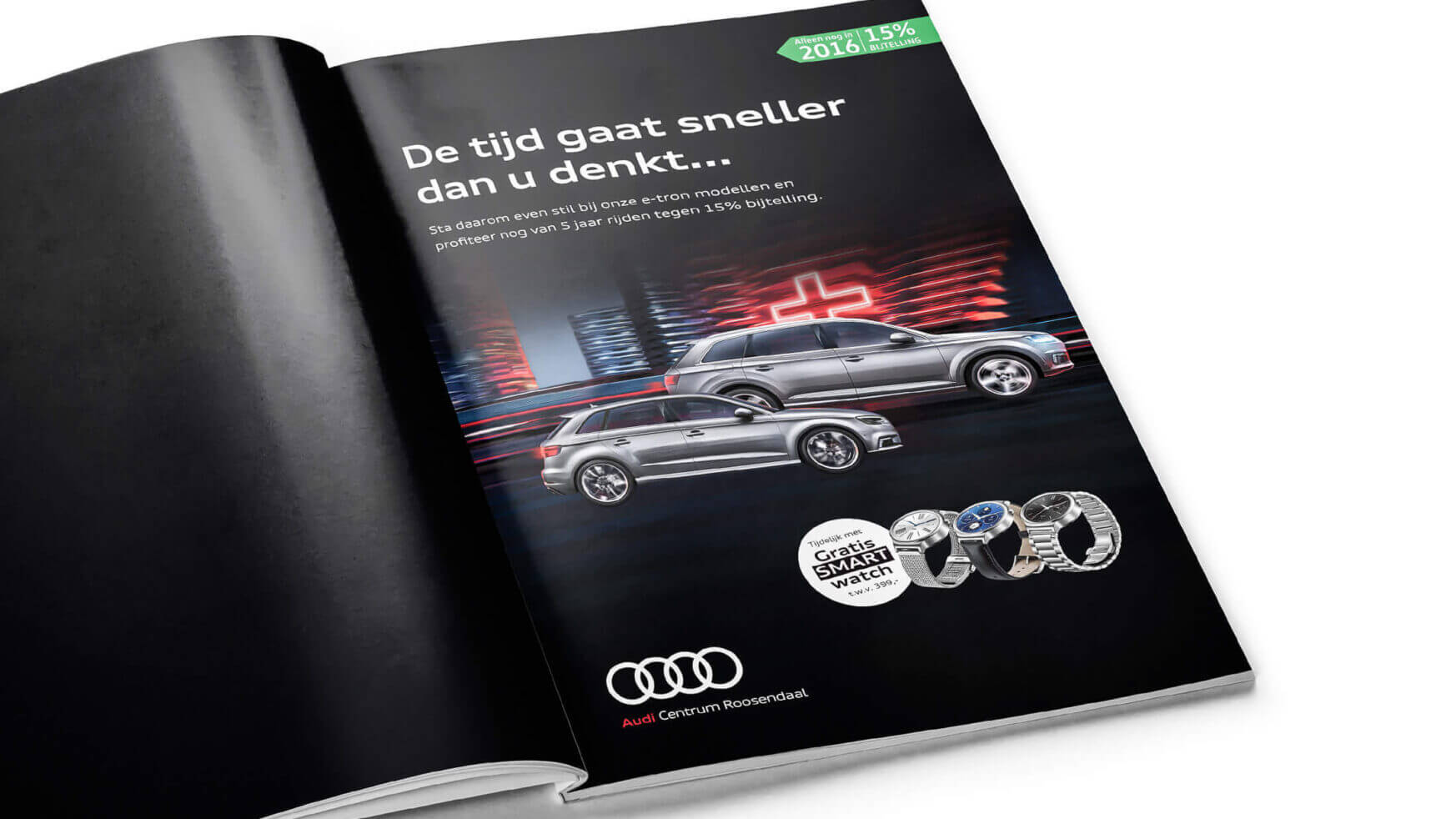 Strakke Audi Roosendaal auto's en elegante horloges op een glanzende donkere achtergrond, gecombineerd met moderne Nederlandse teksten.