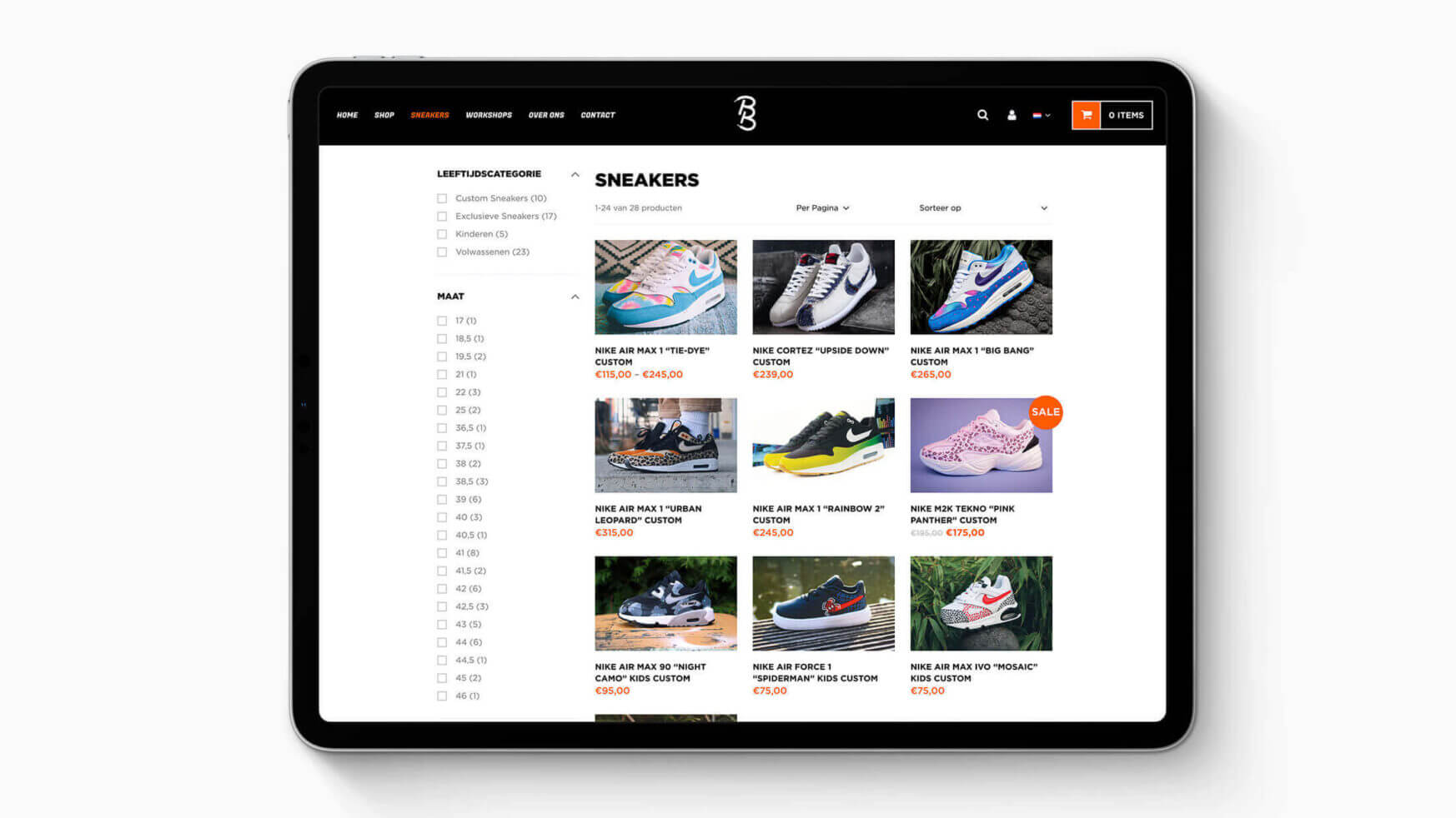 Een tablet toont een online sneakerwinkel met opvallende afbeeldingen, prijzen en exclusieve Customs by BB-ontwerpen.