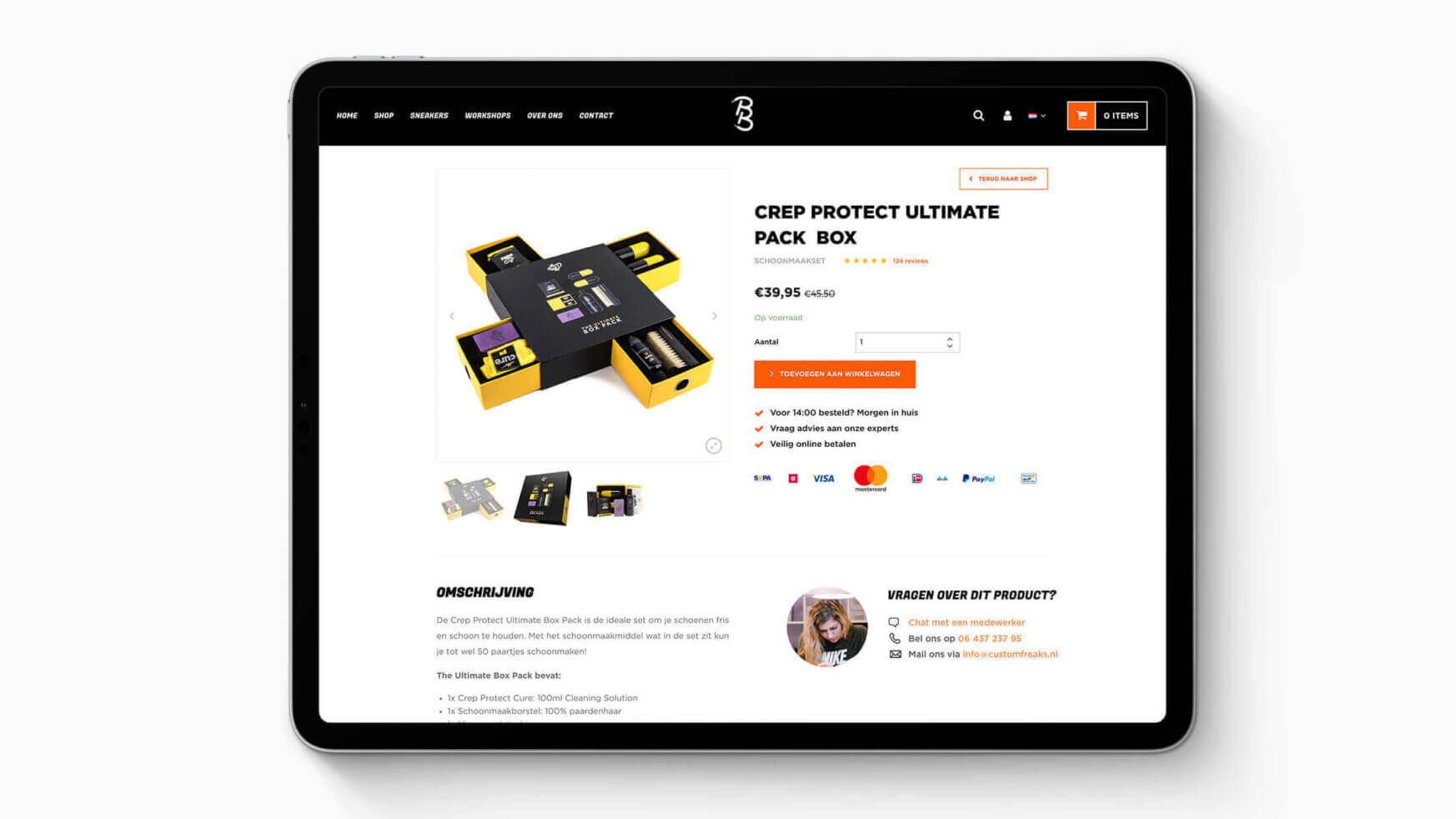 Bekijk de Crep Protect Ultimate Pack Box met opties in de online winkel van Customs by BB op uw tablet.